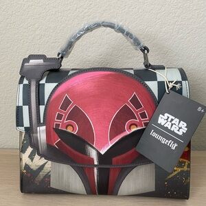 Loungefly Pink and Black Star Wars Mandalorian Sabine Helmet Satchel